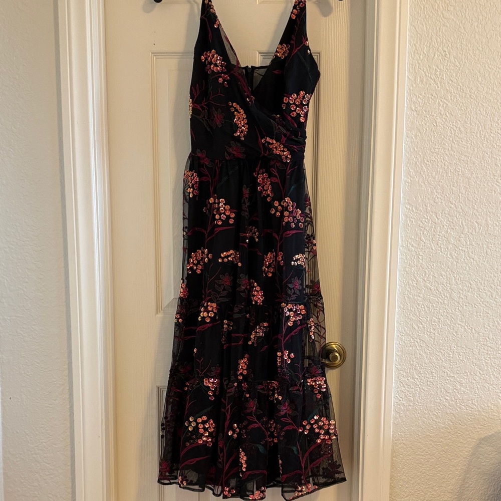 Dress the Population Black and Pink Floral Midi Dress